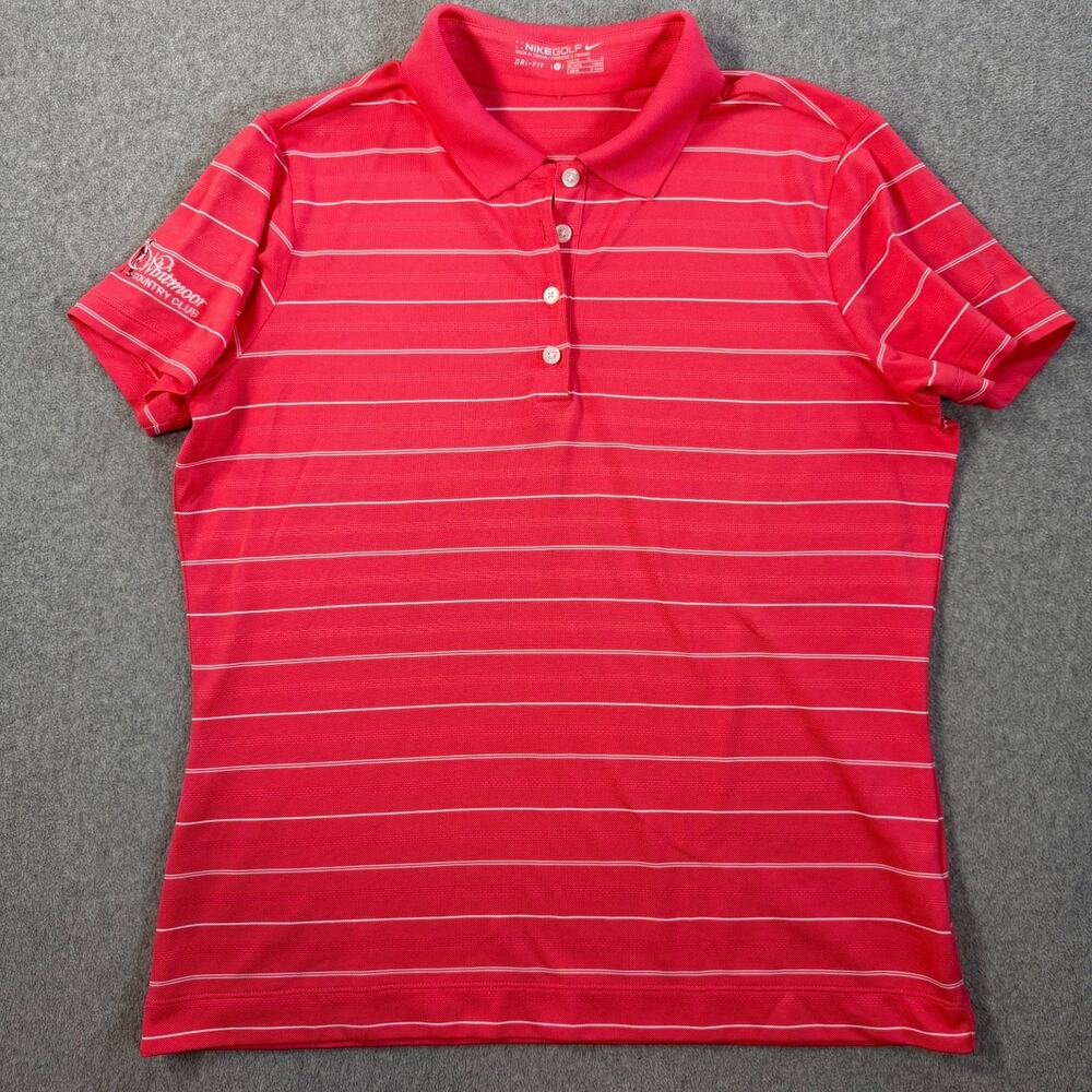 Nike Golf Dri-Fit Women's LG Pink White Stripe Polo Shirt Whitmoor Country Club